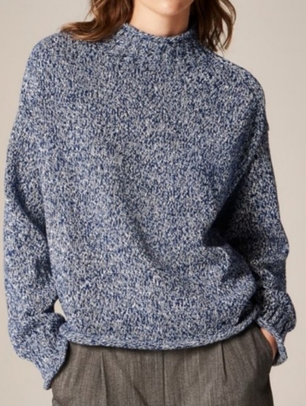 J. Crew 2025 Rollneck Sweater Marled Blue Navy Ivory White 100% Cotton Large